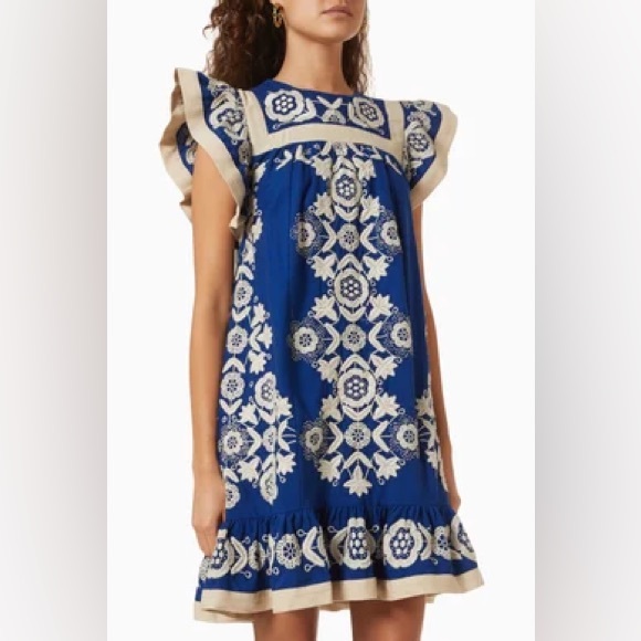 Sea NY Manuela Flutter Sleeve tunic dress S Blue Embroidered Linen New no tags - Picture 2 of 8